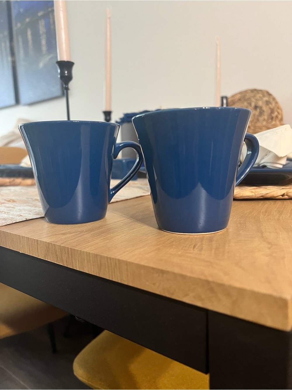 Set of 2 Deep Blue Ceramic Coffee Mugs with Comfortable Handles